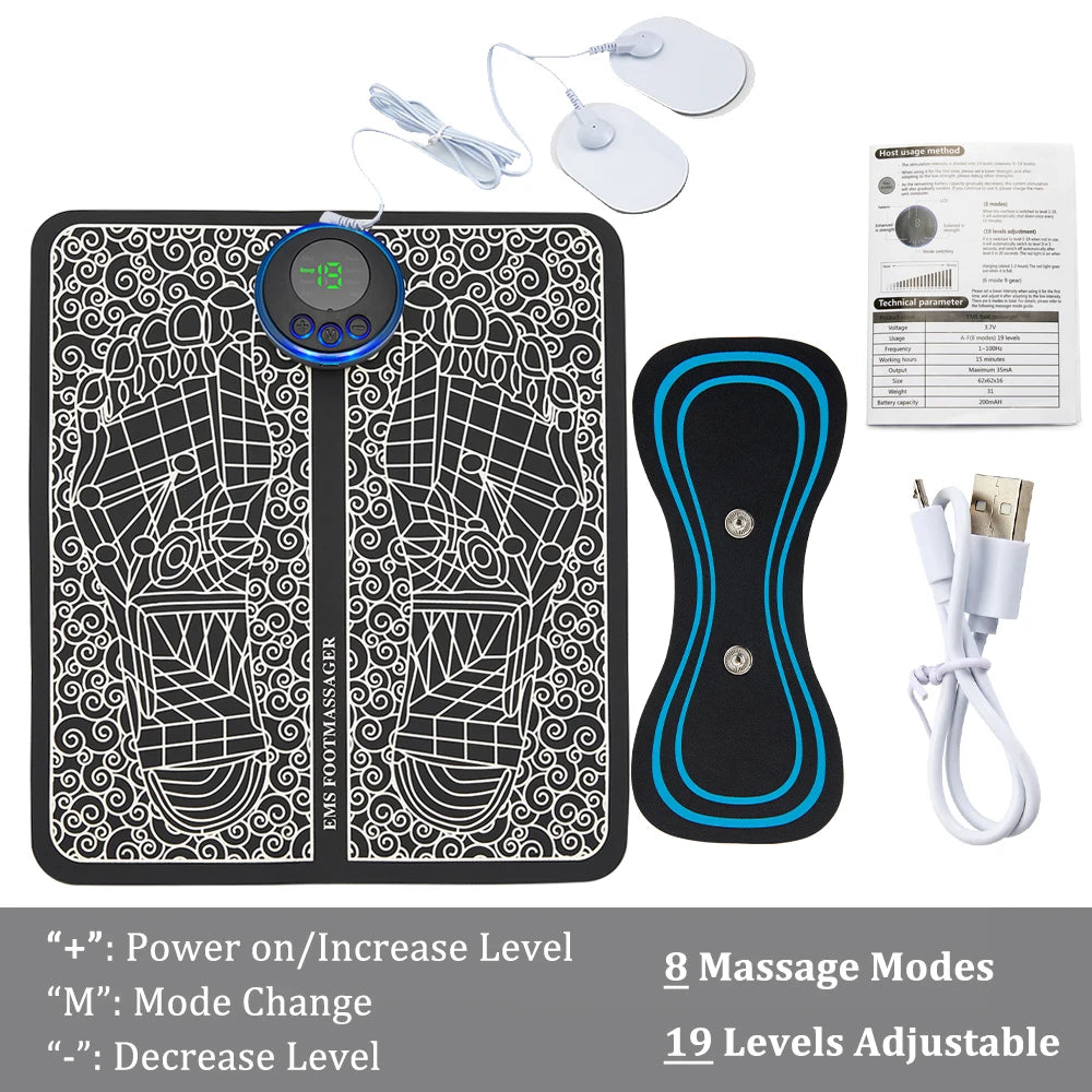 EMS TENS Foot Massager Mat – Foldable Electric Foot Pad, 19 Intensity Levels & 8 Modes for Muscle Stimulation