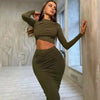 Ruched Long Sleeve Crop Top & High-Waist Bodycon Skirt Two-Piece Set for Women, Solid Casual Spring/Summer