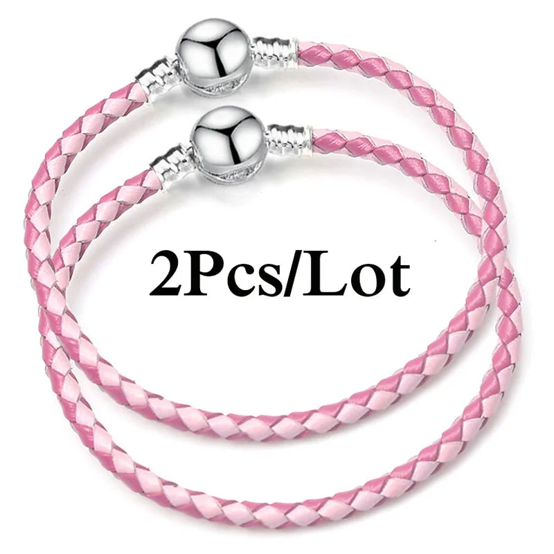 2-Pack Leather Chain Charm Bracelets with Beads – Handmade Couples Pulsera Jewelry (Unisex)