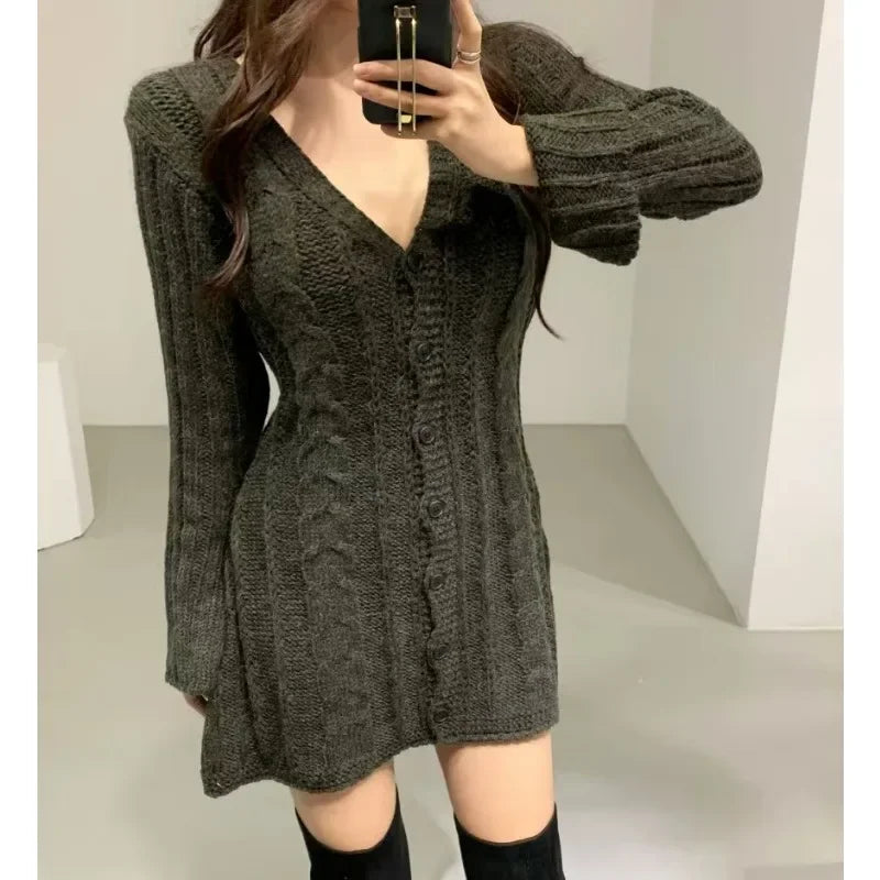 Knit V-Neck Twist Sweater Dress Long Sleeve A-Line Knee-Length Slim Fit (One Size) — Korean Casual Party