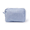 Seersucker Ruffle Makeup Bag — Pink & Purple Striped Zipper Pouch for Travel & Toiletries