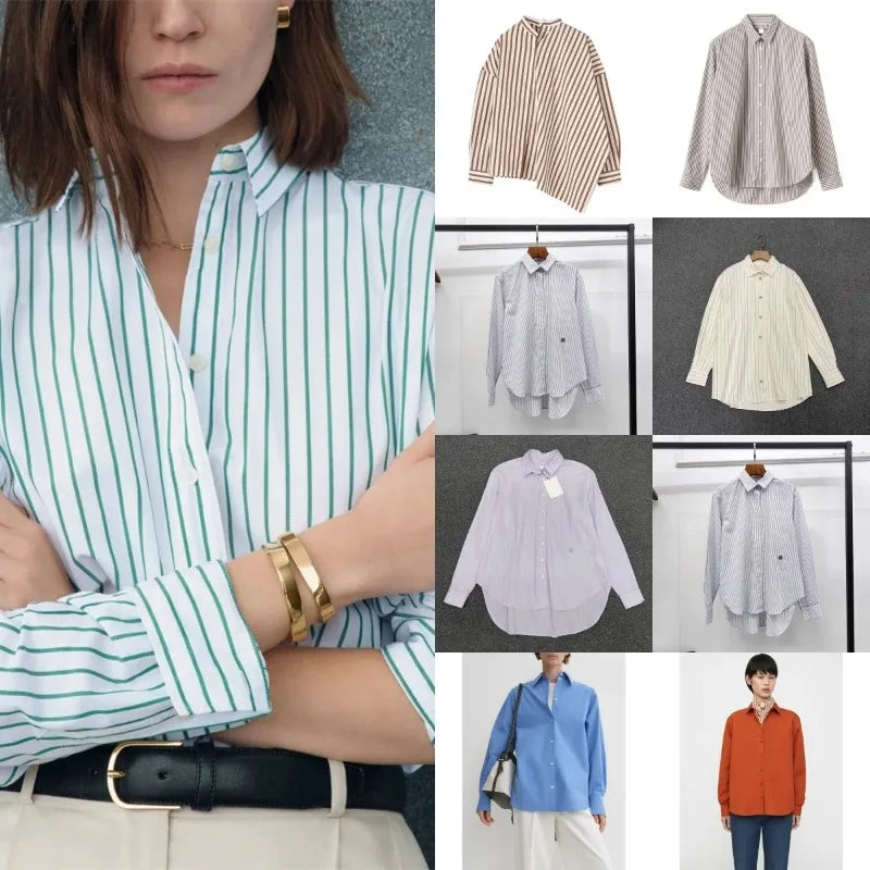 Women's Vertical Striped Shirt - Loose Long-Sleeve Button-Up Blouse with Asymmetric Hem, Office Commuter Style