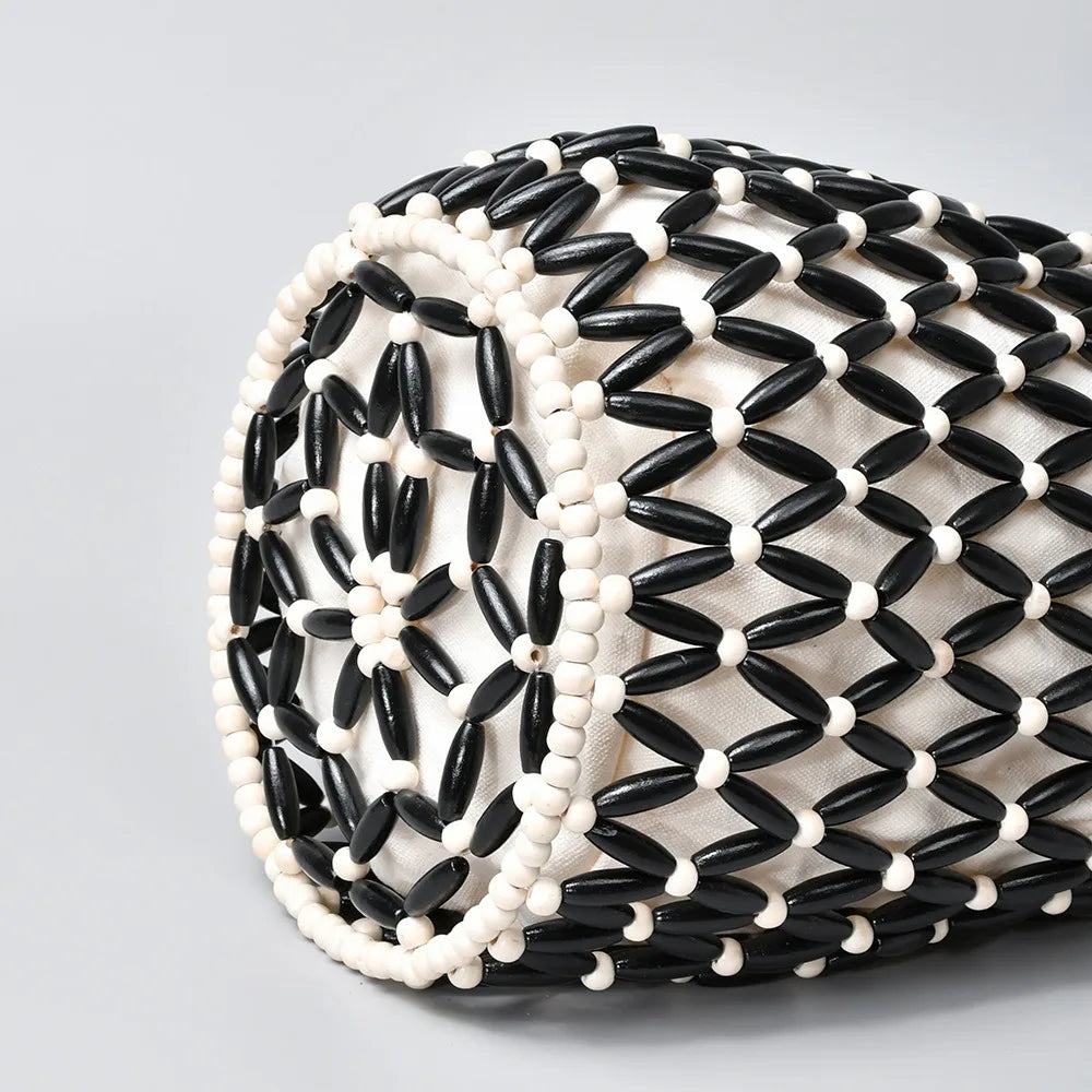 Handmade Woven Wooden Bead Tote – Boho Hollow-Out Bucket Shoulder Handbag for Women