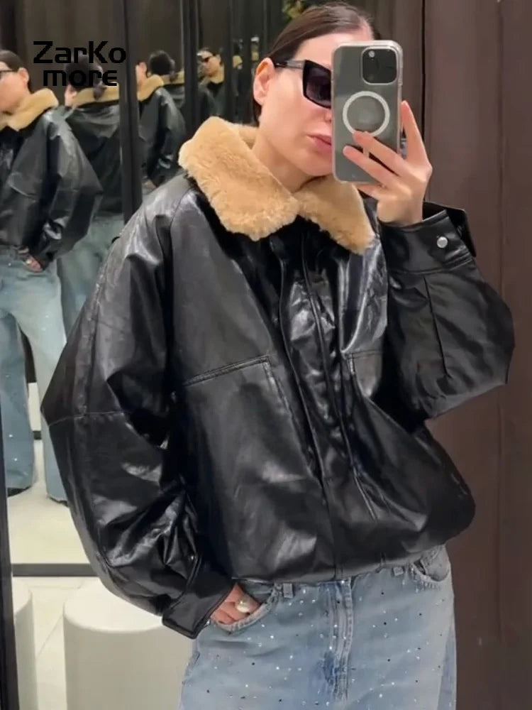 Women's Faux Fur Collar Padded Leather Jacket with Zipper Pockets - Warm Winter Coat