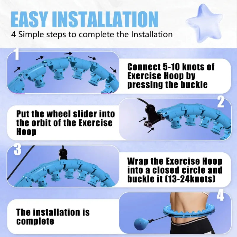 Adjustable Weighted Hula Hoop - 24-Segment Fitness Hoop with Silicone Gravity Ball, Fits up to 47 in (120 cm) Waist, Silent Massage Rollers for Home Workout