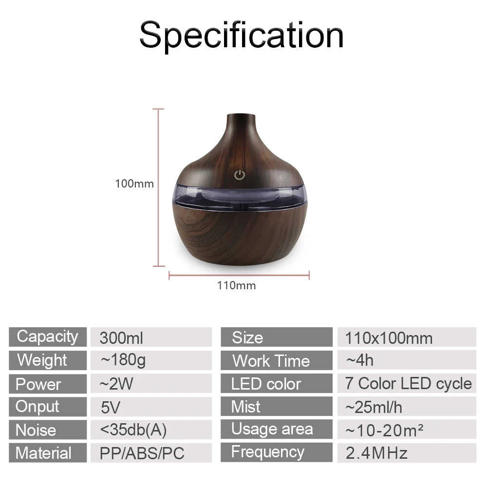 Portable USB Humidifier 300ml Rechargeable Aromatherapy Diffuser with 7-Color LED for Bedroom