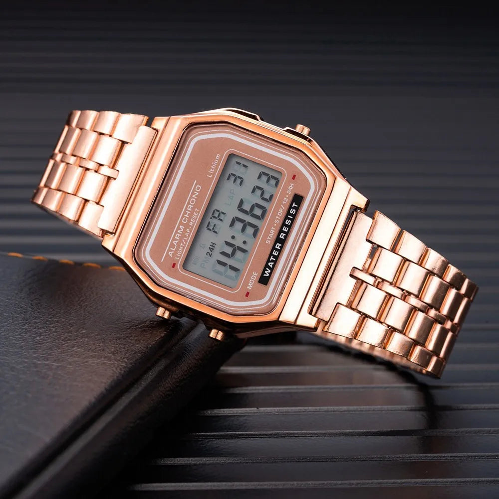 Rose Gold LED Digital Women's Watch – Fashion Casual Stainless Steel Band, Rectangle Dial