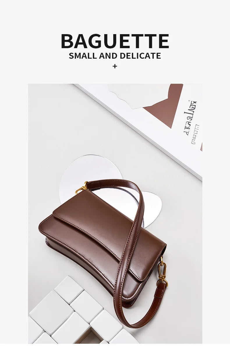 Cowhide One-Shoulder Baguette Bag – Genuine Leather Underarm Crossbody for Women