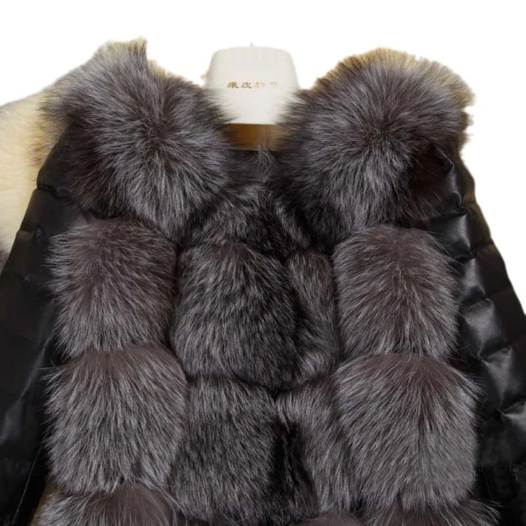 Women's Patchwork Faux Fox Fur Cardigan with Faux Leather Sleeves Thick Warm Streetwear Coat
