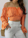Women's Off Shoulder Bow Chiffon Lantern Sleeve Cropped Slim Printed Blouse