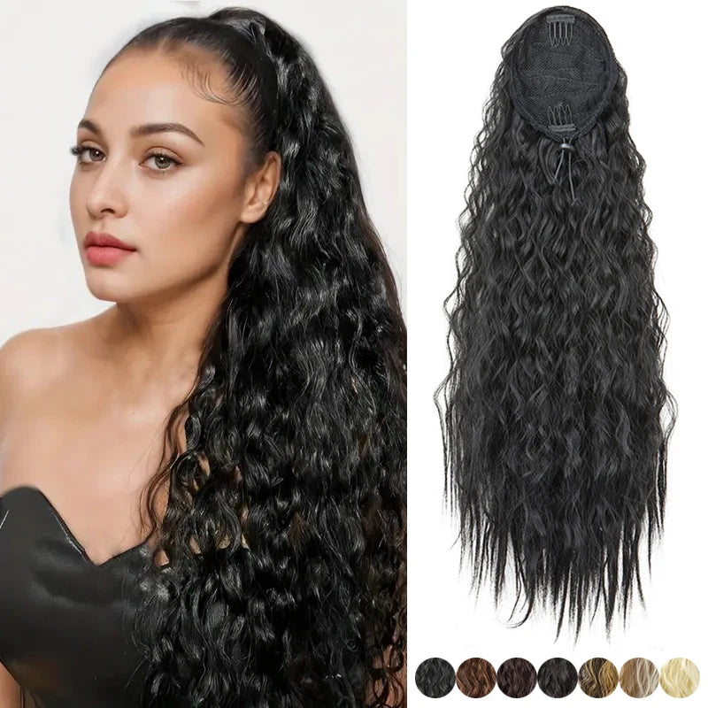22-Inch (56 cm) Kinky Curly Drawstring Clip-In Ponytail - Long Synthetic High-Temperature Fiber Hair Extension for Women
