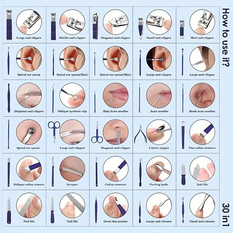 30-in-1 Manicure & Pedicure Nail Clipper Set — 30-Piece Stainless Steel Nail Clippers, Cutters & Scissors