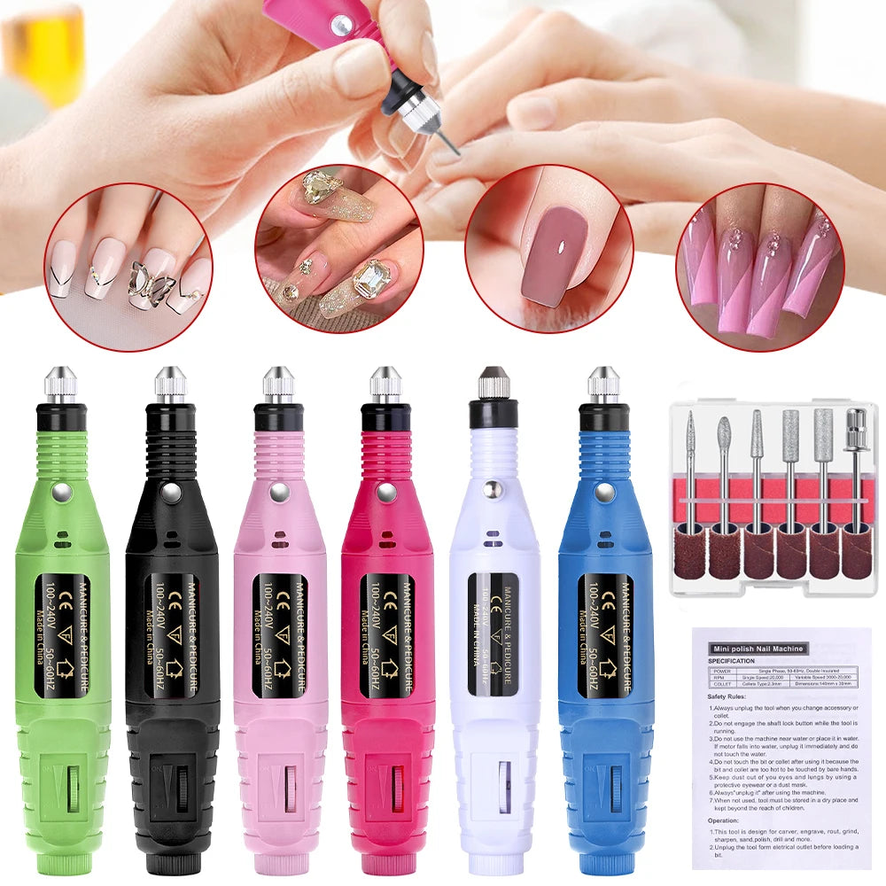 USB-Powered Electric Nail Drill Kit – Professional Manicure & Pedicure Nail File with 6 Bits and 6 Sanding Bands