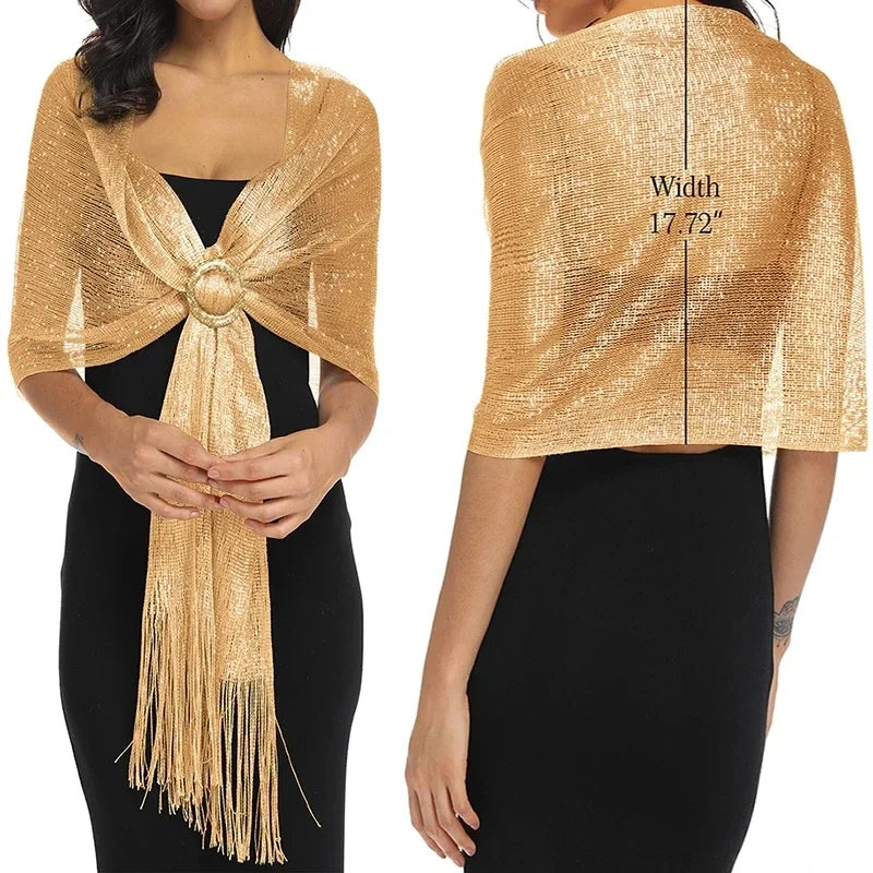 Metallic Scarf with Buckle - Shiny Bridal & Evening Shawl Wrap, Gold or Silver, 75 x 17.7 in (190 × 45 cm)