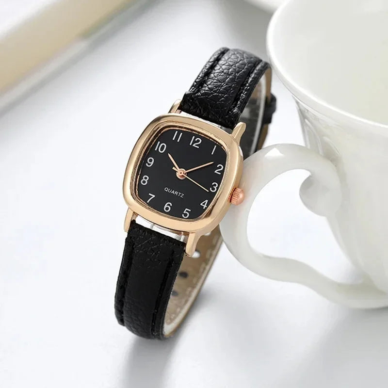 Women's Square Vintage Small Dial Quartz Watch with Leather Strap - Roman Numerals, Casual Fashion