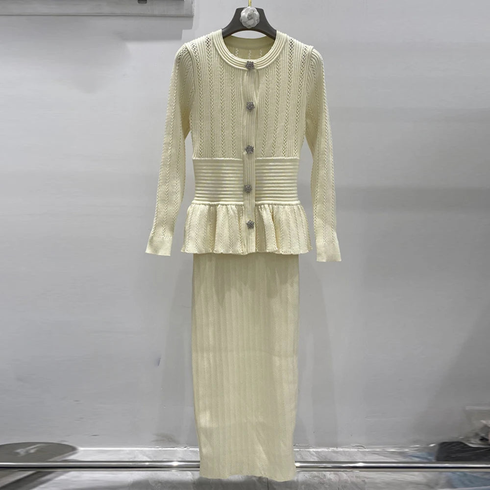 Hollow-Out Knitted Midi Sweater Dress with Ruffled Flare Sleeves – Purple Patchwork Floral