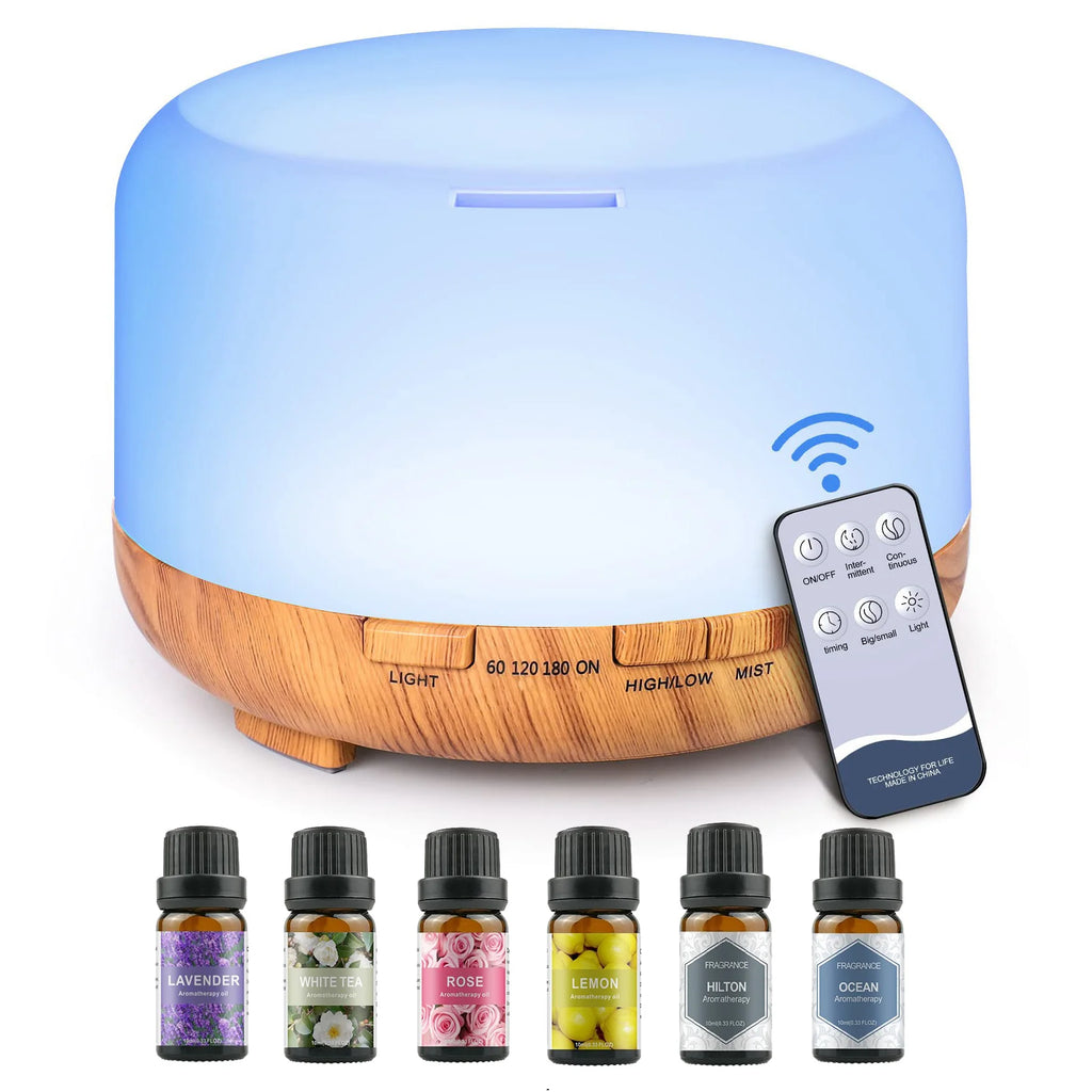 500ml (16.9 fl oz) Aromatherapy Oil Diffuser + 6 x 10ml (0.34 fl oz) Essential Oil Set - Lavender, Rose, Jasmine, Lemon, Hilton, Ocean
