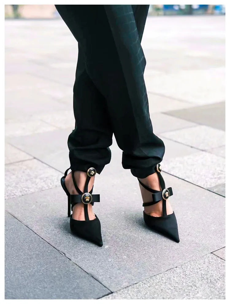 Bow Tie Pointed Toe Thin Heel Sandals for Women, Roman Straight Strap, 2.0-3.1 in (5-8 cm) Heel