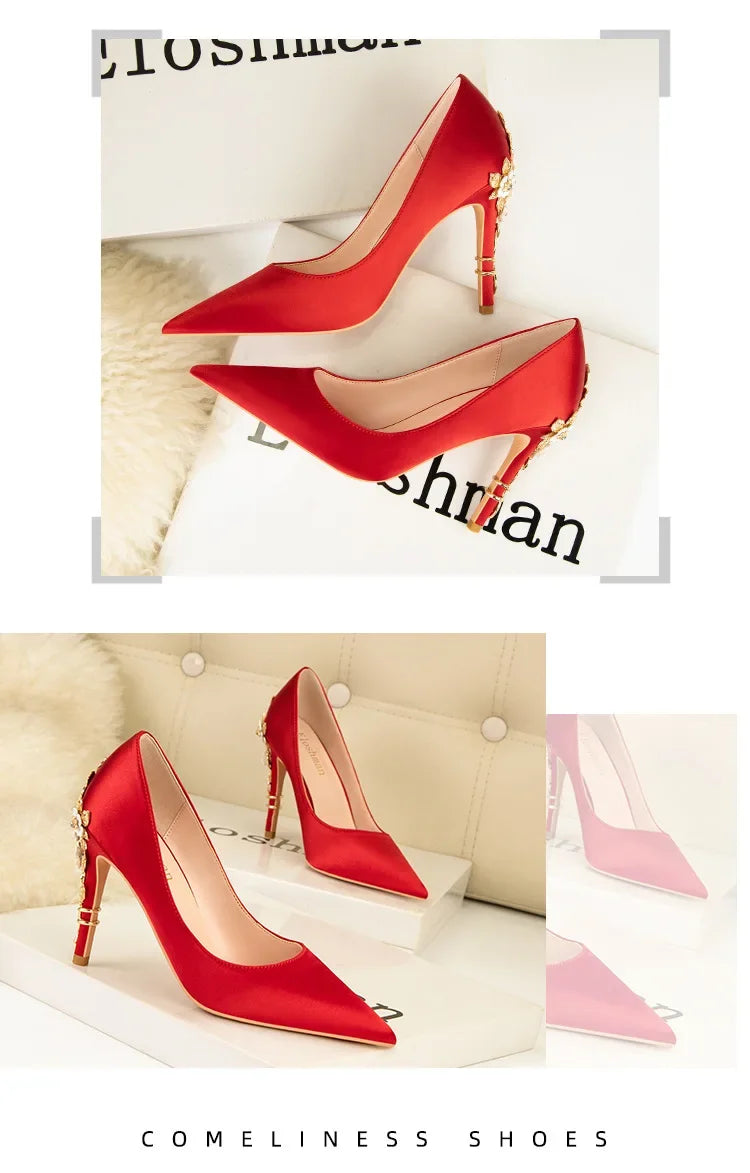 Women's Satin Pointed-Toe Stiletto Pumps with Metal Flower Detail — High Heel Wedding Shoes