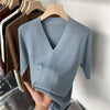 Women's Short Sleeve V-Neck Slim Fit Knit Sweater - Korean-Inspired Pullover Top