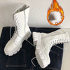 Women's Mid-Calf Lace-Up Motorcycle Boots - Handmade PU Platform Round Toe Rubber Sole, Low Square Heel (1–3 cm)