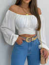 Women's Off Shoulder Bow Chiffon Lantern Sleeve Cropped Slim Printed Blouse