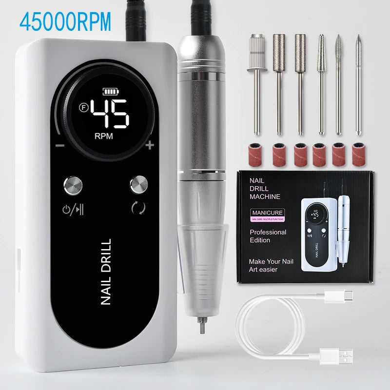 45000 RPM Rechargeable Electric Nail Drill Kit — Portable Nail File with LCD, 2600mAh Battery, 6 Bits & 6 Sanding Bands