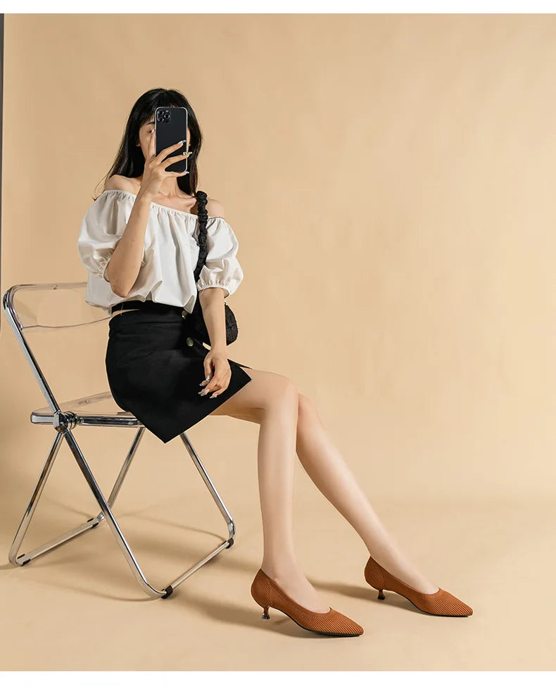 Women's Pointed-Toe Knit Slingback Pumps, Breathable Latex Insole & Anti-Slip Rubber Sole, 3.5 cm (1.38 in) Mid Heel