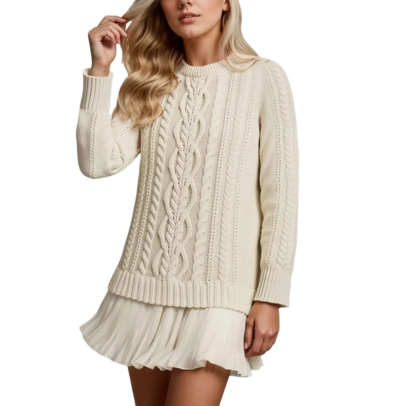 Women’s Winter Cable Knit Chiffon-Splice Round Neck Mini Dress – Casual Slim Fit