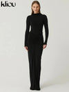 Women's Shirred High-Collar Ankle-Length Maxi Dress — Long Sleeve Body-Shaping Sheath