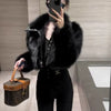 Women's Short Patchwork Faux Fur & Leather Jacket – Autumn/Winter Cropped Coat with Faux Fox Fur Trim