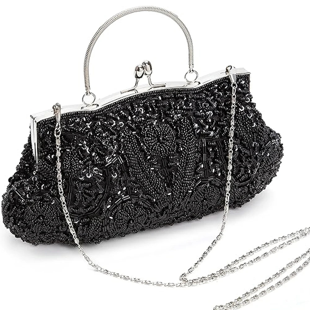 Retro Beaded Evening Clutch - Floral Sequin Wedding Party Handbag with Chain Strap