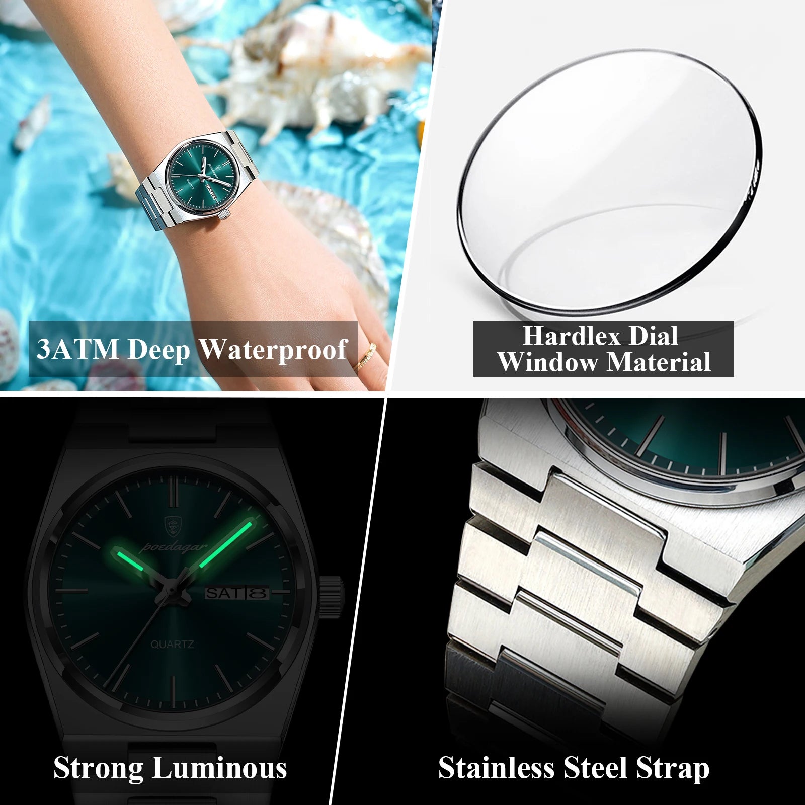 POEDAGAR Women's 35mm Stainless Steel Quartz Watch – Waterproof 3ATM, Luminous Hands, Date & Week Display