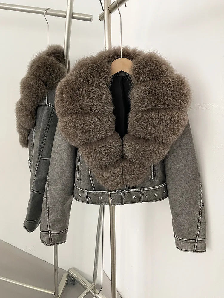 ZMEENNA Women's Faux Leather Moto Jacket with Detachable Faux Fur Collar - Short Warm Winter Coat