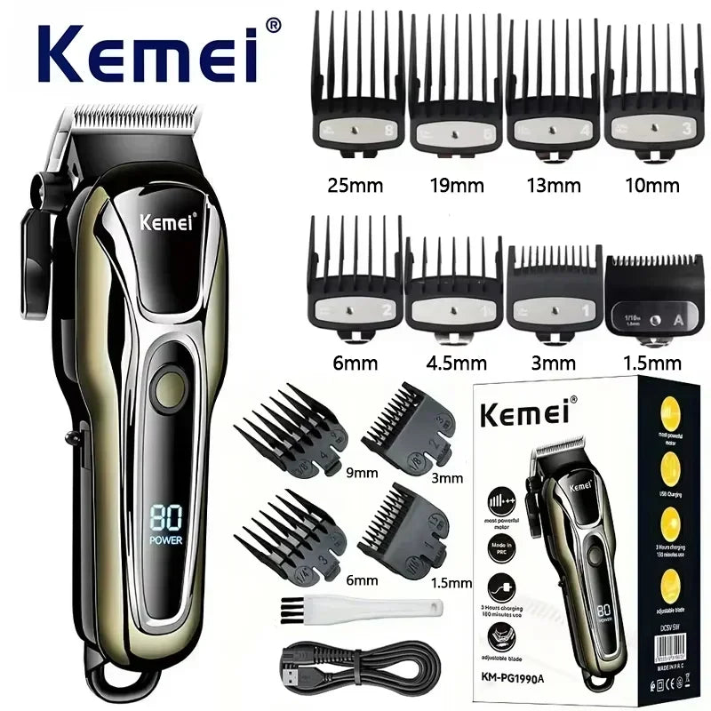 Kemei Rechargeable Cordless Hair Clipper, Professional Men's Trimmer with Limit Combs, 3-Hour Run Time