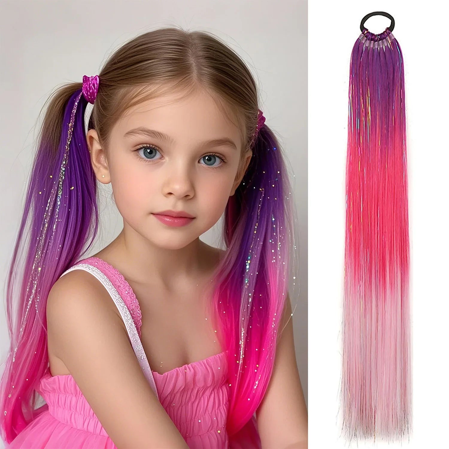 Purple Red Pink Ombre Tinsel Ponytail Extension with Elastic - 24in (60cm) 9-Strand Synthetic Hair for Girls, Crazy Hair Day