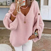 Women's Casual Knitted V-Neck Sweater – Button Detail Lantern Sleeve Loose Pullover for Fall/Winter