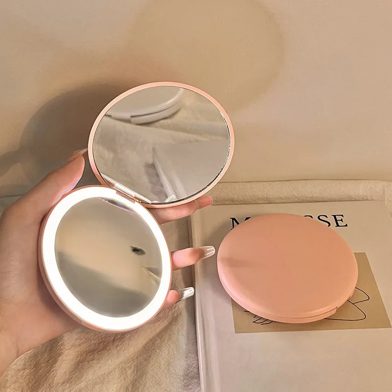 Portable LED Makeup Mirror — Pocket Mini Handheld Folding Lighted Round Mirror