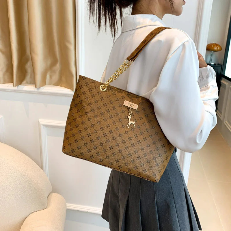 Textured Soft PU Leather Plaid Large Capacity Shoulder Tote Bag for Women with Tassel Accessory