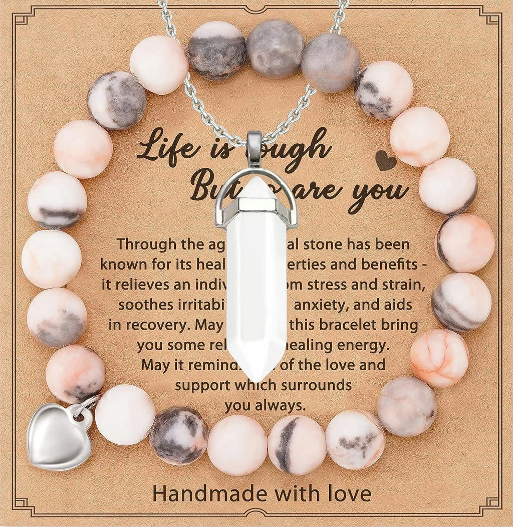 2-Piece Amethyst Hexagonal Pendant Necklace & Purple Stripe Agate Bracelet Set – Healing Crystal Jewelry Gift for Women