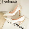Women's Satin Pointed-Toe Stiletto Pumps with Metal Flower Detail — High Heel Wedding Shoes