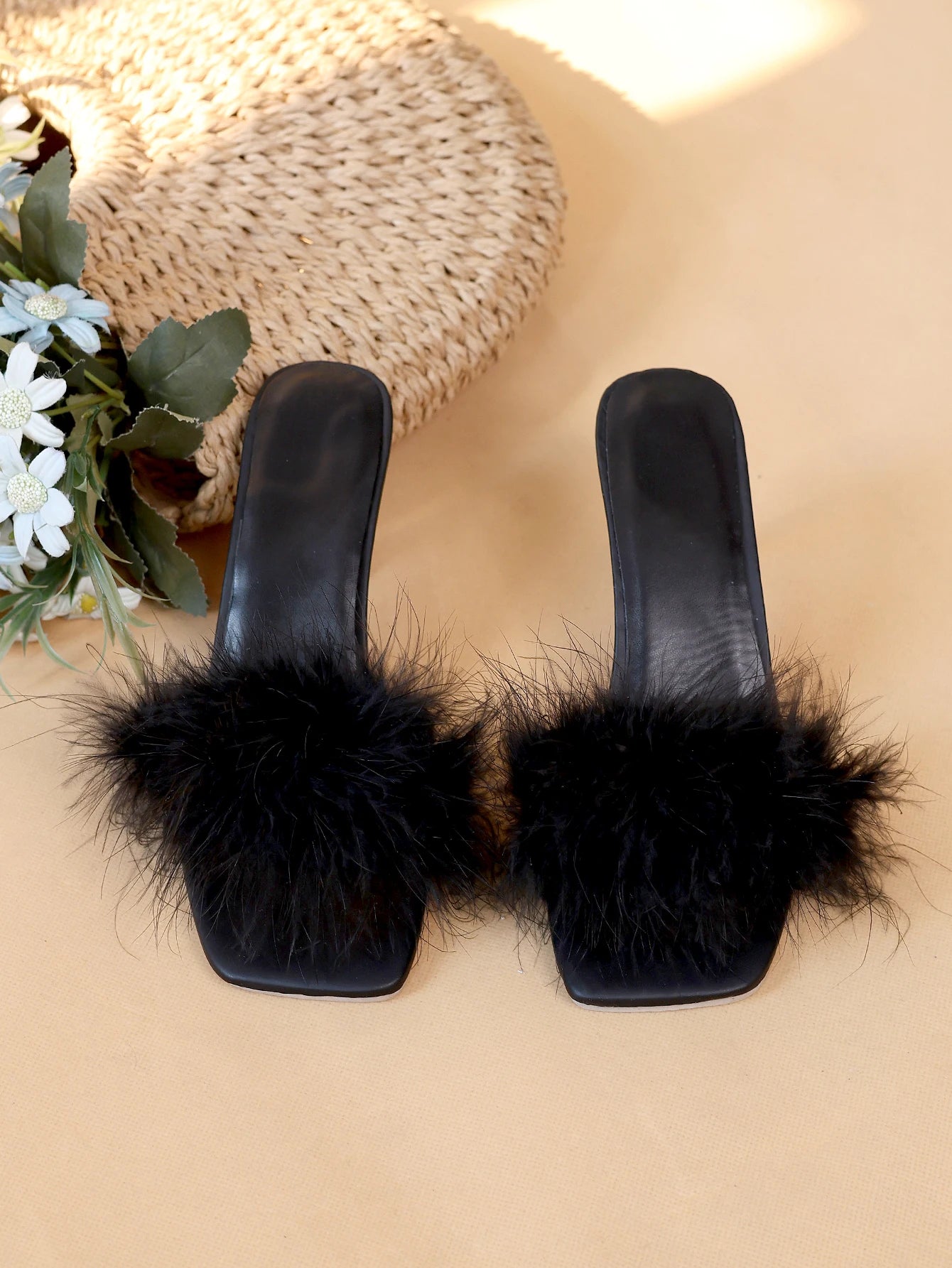 Women's Black Feather-Trim High Heel Sandals - Casual Strappy High Heels