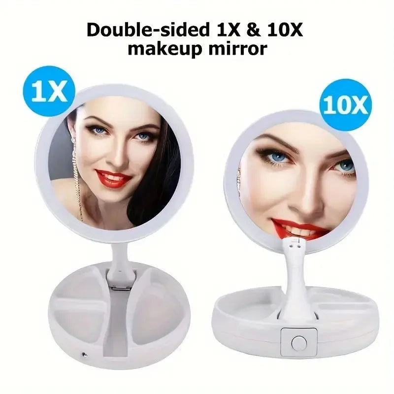 Foldable LED Vanity Mirror with Protective Box, Dual-Sided 1X and 10X Magnification, Adjustable Brightness, Compact Travel Makeup Mirror, White