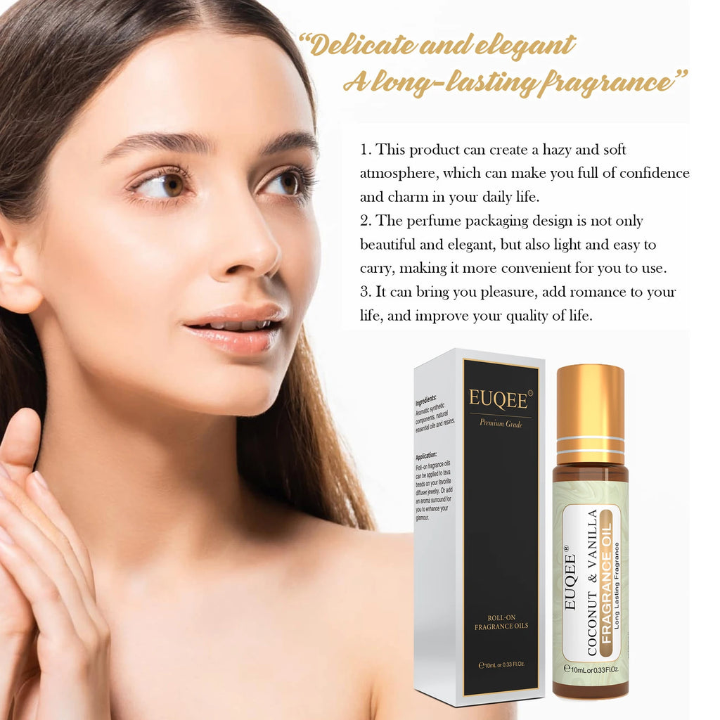 EUQEE 10ml Roll-On Fragrance Oil for Women - Portable Roller Perfume in Coconut Vanilla, Bubble Gum, Midnight Rose (Amber Glass)