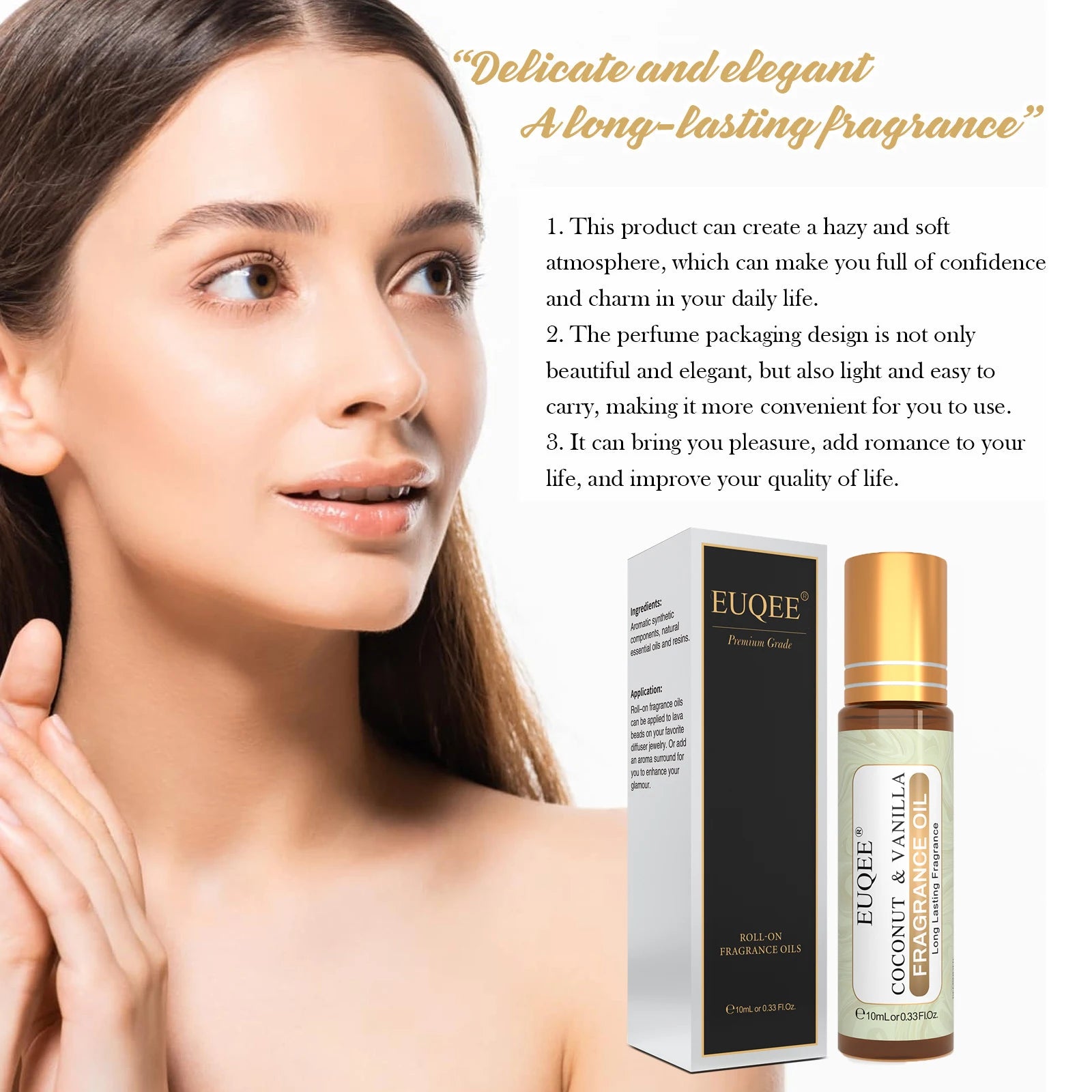 EUQEE 10ml Roll-On Fragrance Oil for Women - Portable Roller Perfume in Coconut Vanilla, Bubble Gum, Midnight Rose (Amber Glass)