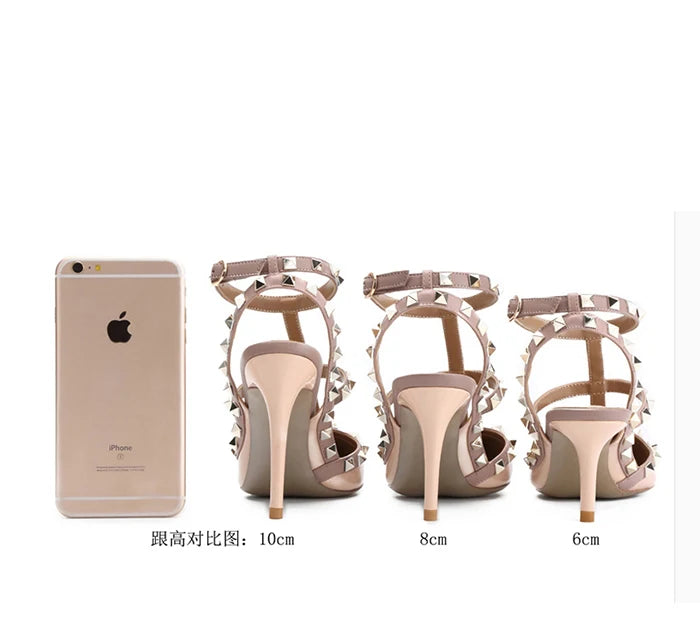 Women's Gladiator High-Heel Sandals - Black Patent Leather 3-Strap Ankle Strap Rivet Designer Heels