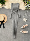 SINGRAIN Women's Autumn Winter V-Neck Long Knit Sweater Dress Slim Stretch Mid-Calf Bodycon