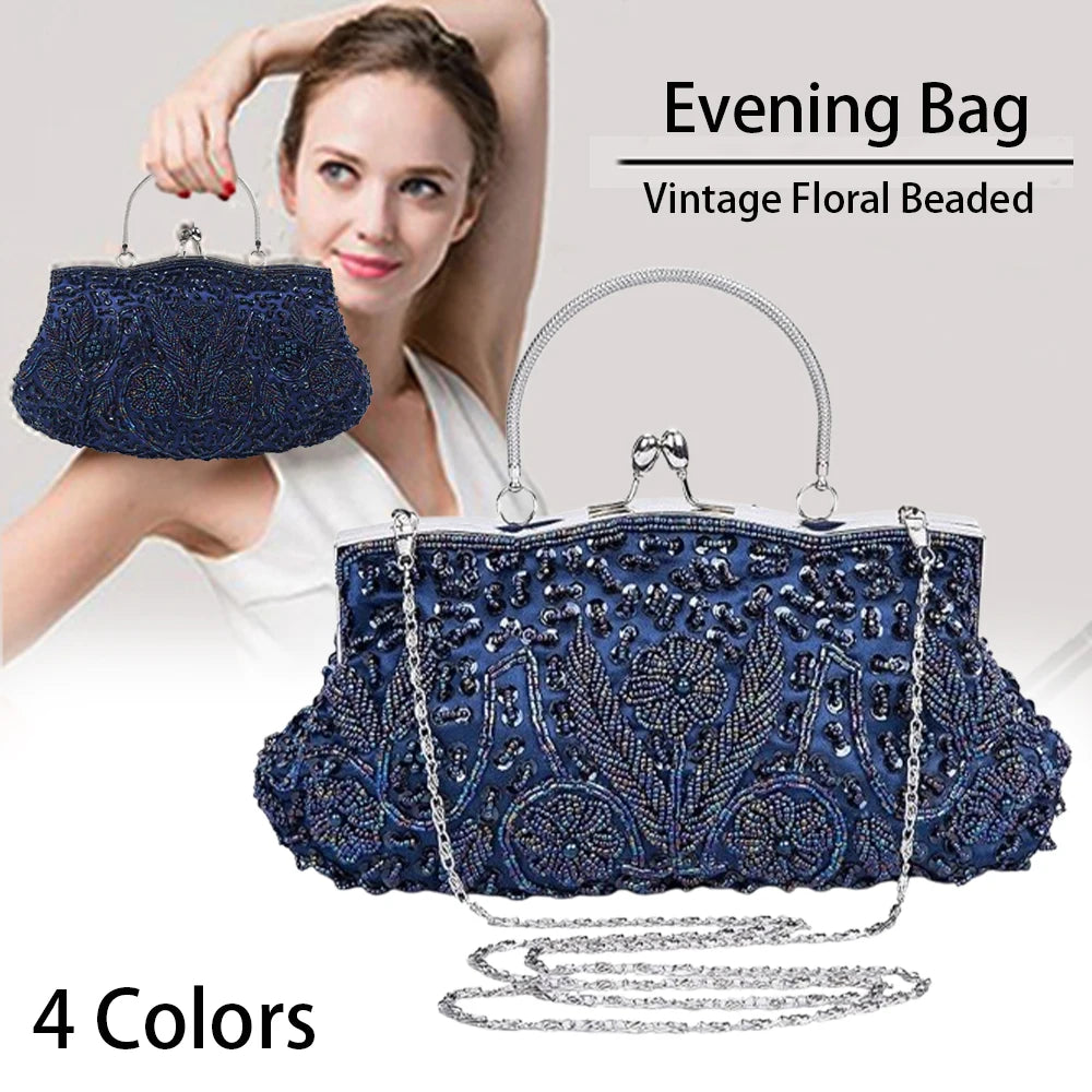 Retro Beaded Evening Clutch - Floral Sequin Wedding Party Handbag with Chain Strap