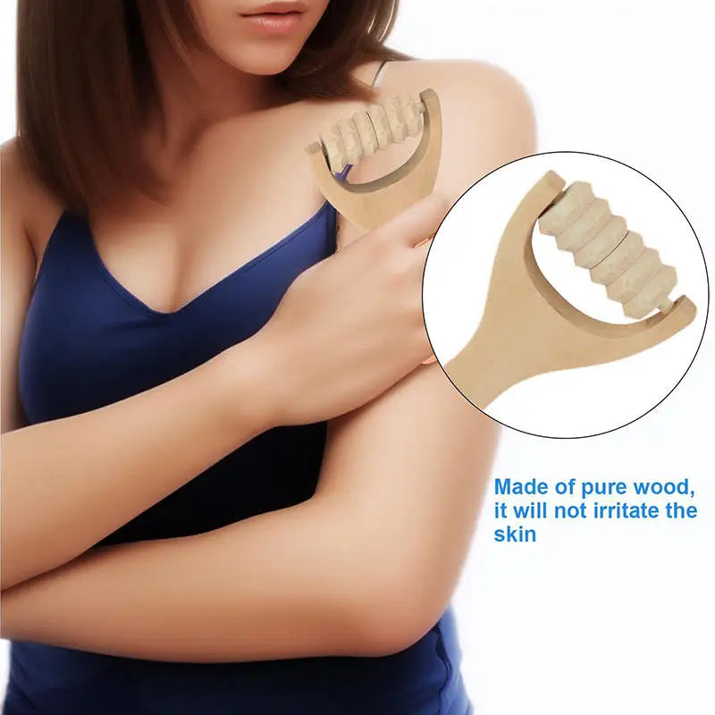 Wooden Handheld Massage Roller and Gua Sha Tool – Full-Body Trigger Point Massager for Women & Men