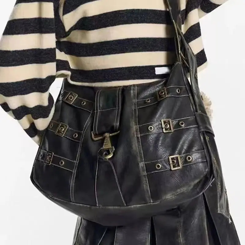 Retro Punk Distressed Leather-Look Tote Bag for Women - Large Capacity Harajuku Shoulder Bag